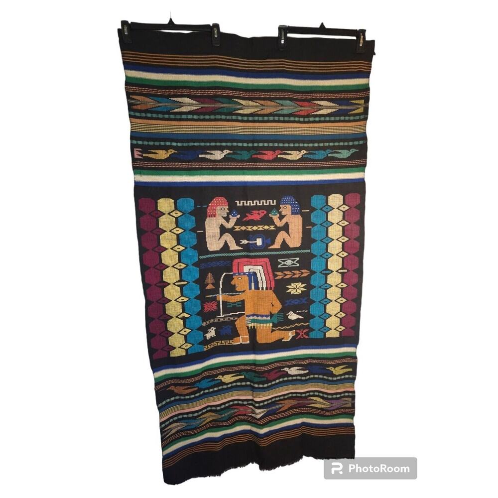 Southwest Aztec Mayan Wall Weave Rug Handwoven In Guatemala Native Warrior Man